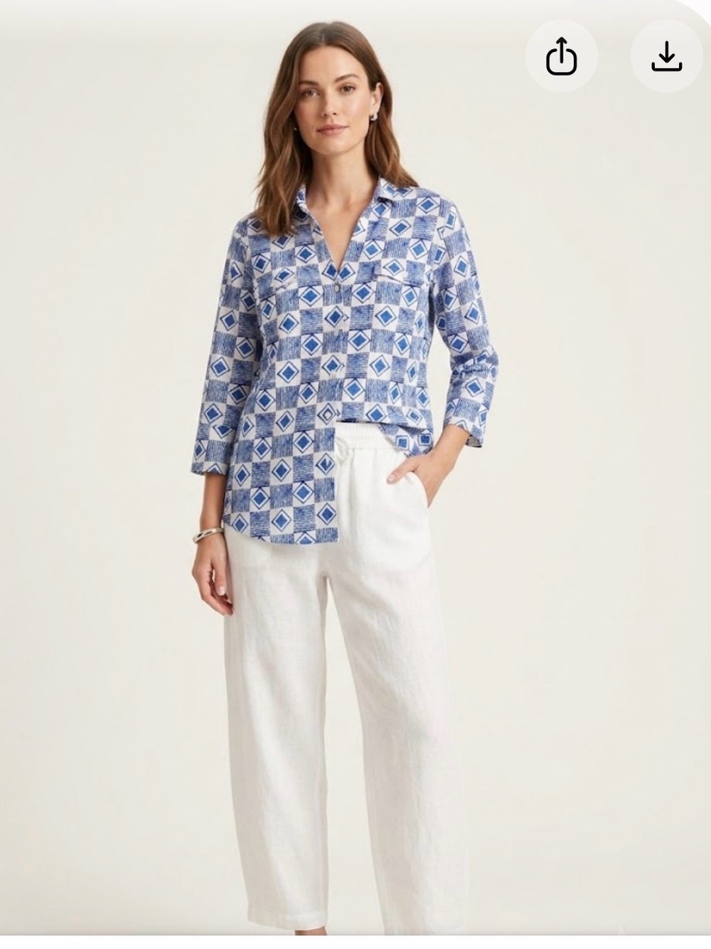 J. McLaughlin Coastal Geometric Tile Print Collared Linen Blend Top Size L
